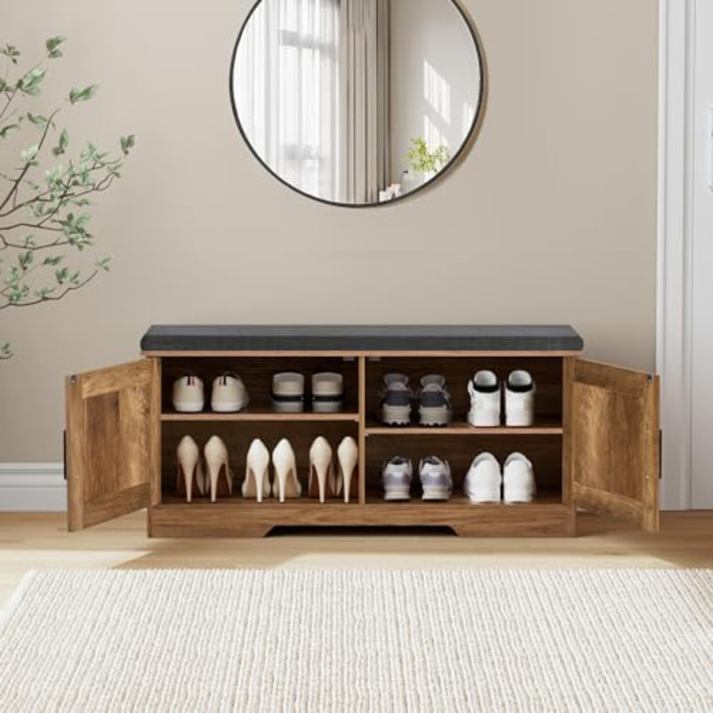 Banc de rangement à 2 niveaux, banc à chaussures de 39,4 po de largeur avec coussin de siège rembourré, banc d'entrée avec 2 portes de grange et tablette réglable, noyer rustique