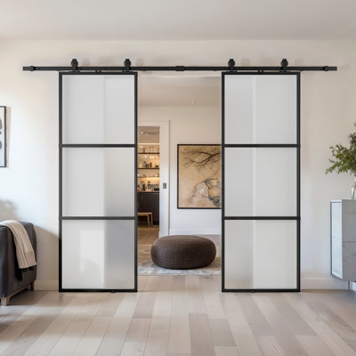 Metal And Frost Glass Sliding Double Barn Door With Installation Hardware Kit (Soft-Close Included)