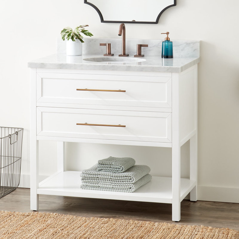 Ensemble de meuble-lavabo simple 36 po avec lavabo encastrable ovale Robertson, 8 po, Blanc, Marbre de Carrare
