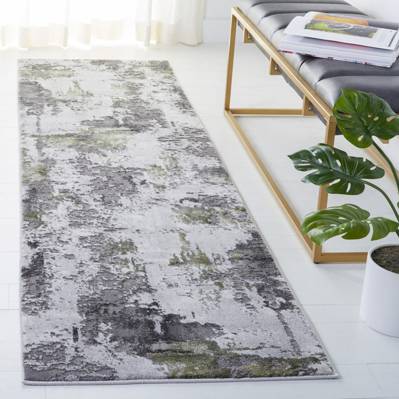 Tapis abstrait gris / vert Serafino, Tapis de couloir 2 pi 3 po x 8 pi
