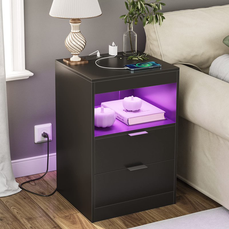 Nightstand With Wireless Charging Station And LED Lights, Bedside Table With 2 Drawers, Open Storage, 1 Pull-Out Tray, End Side Table With Charging Station, LED Night Stand With Storage,(Black)