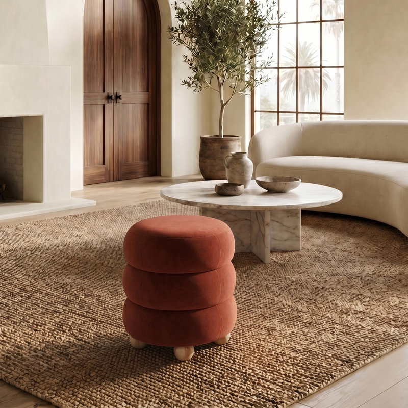 Dalisha 17" Round Ottoman, Rust Velvet, Natural