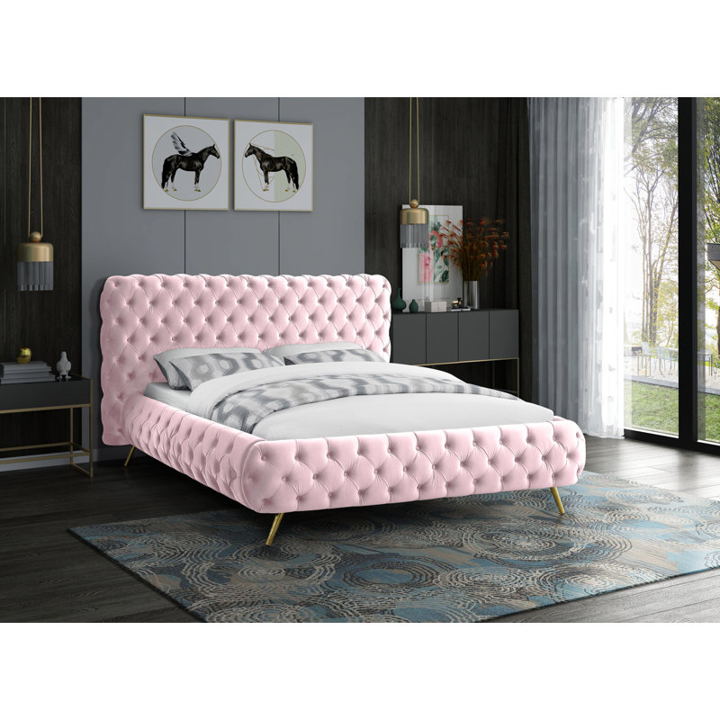 Lit-bateau tapissier Delano, Grand, Velours rose