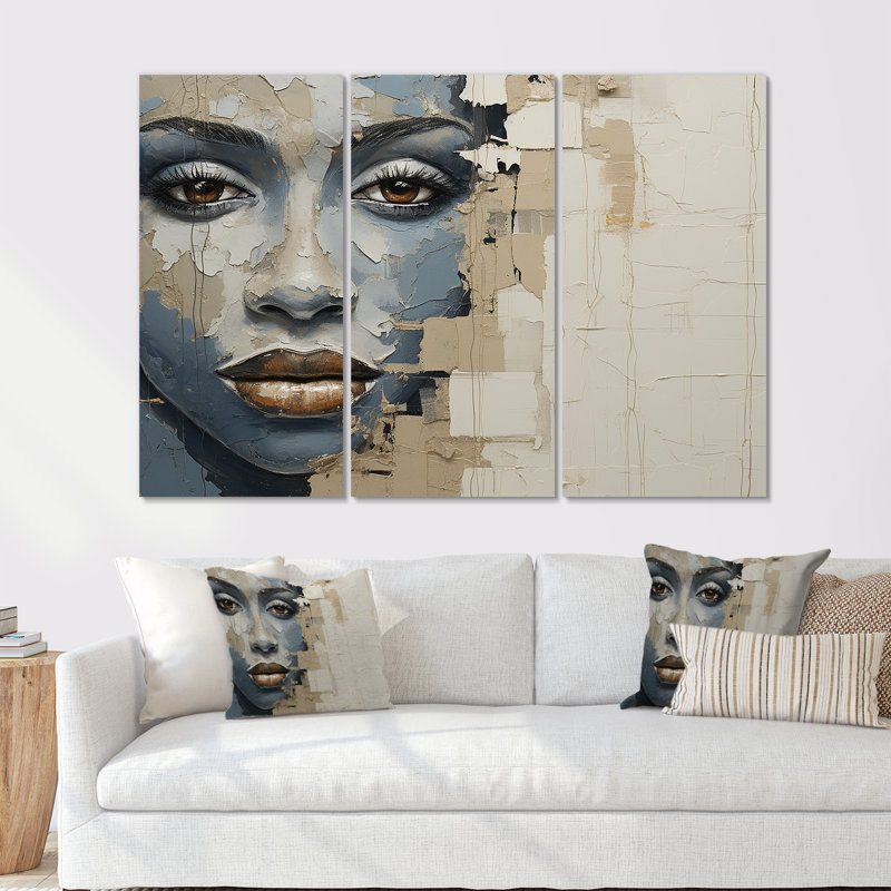 «Blue and Beige African Woman Collage I», ensemble d'art mural africain, H 32 po x l 48 po