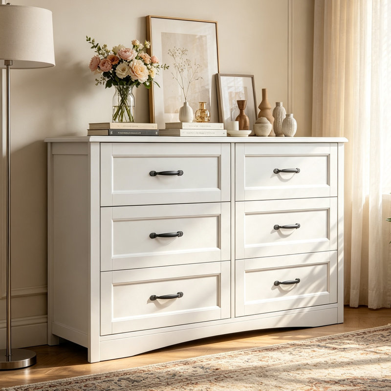 Migneco 47.2-inch wide 6-drawer double dressers with metal handles，storage cabinet, White