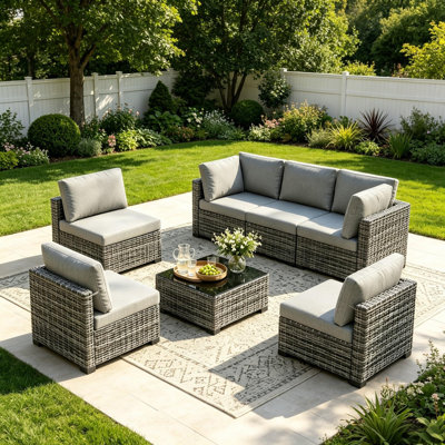 Outdoor 7-Piece Modular Rattan Patio Conversation Set with Cushions - Light Gray/Light Gray