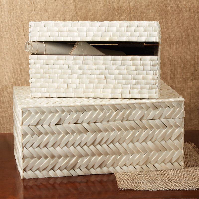 Basket Weave Set of 2 Bone Boxes 18"W- Hinged Mango Wood Decorative Storage Boxes with 2 Patterns