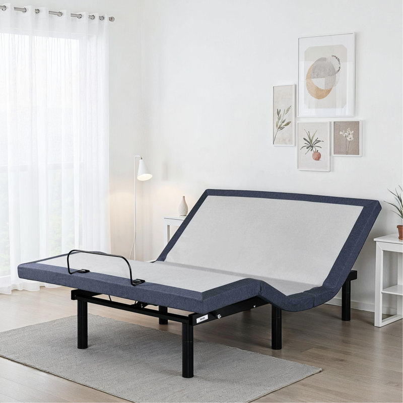 Adjustable Bed Base For King, Comfort, Full - Range Adjustment, One Touch Return, Programmable Memory, Wireless Remote, 850 Lbs Capacity, Centre Folding, 3 Leg Heights, Blue Grey Support,