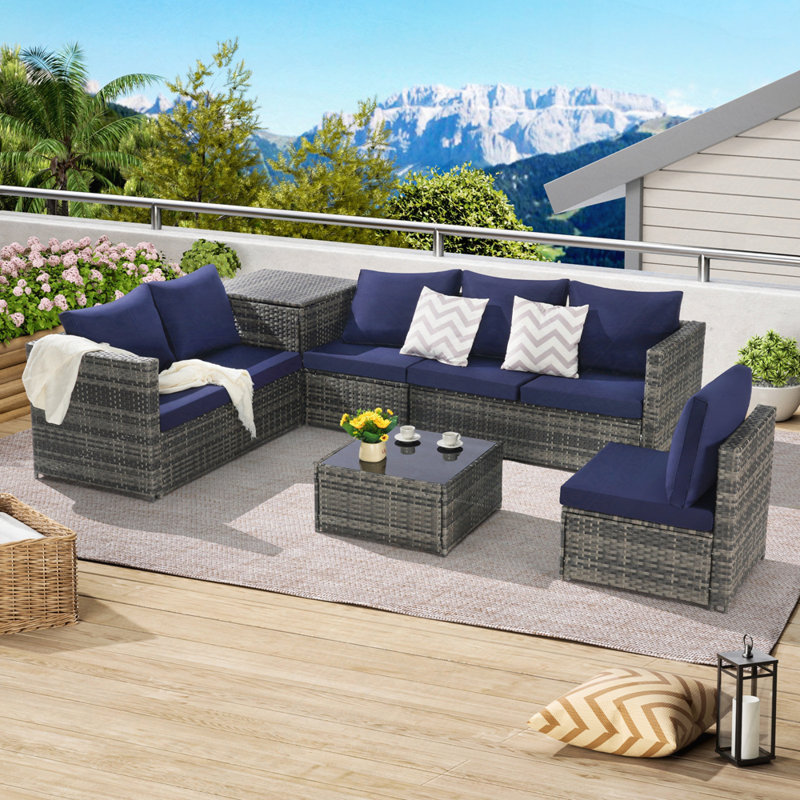 Ensemble modulaire d'extérieur tissé en forme de L pour patio, ensemble de conversation avec table d'angle, Bleu très foncé