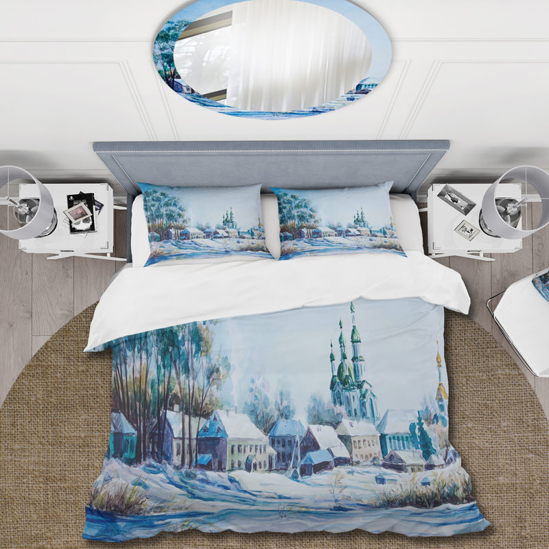 Petite ville en hiver - Ensemble de housse de couette traditionnel - Microfibre de polyester