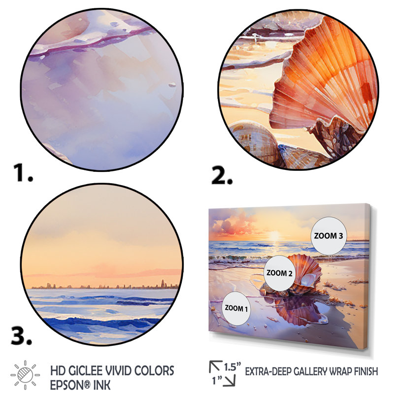 Coastal Treasures Sunset Seashell I - plage, art mural, Cadre d'angle fermé noir, H 30 po x l 40 po x P 1,5 po