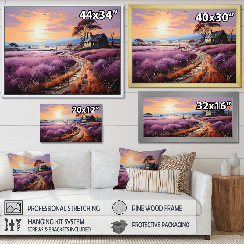 «Countryside the Violet Field I», reproduction sur toile, H 24 po x l 32 po x P 1 po, Cadre flottant doré