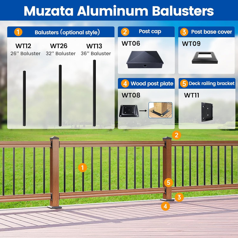 50Pack balustrades de balustrade en aluminium 36 po carré noir avec barreaux d'escalier 3/4 po de diamètre pour terrasse en bois et composite