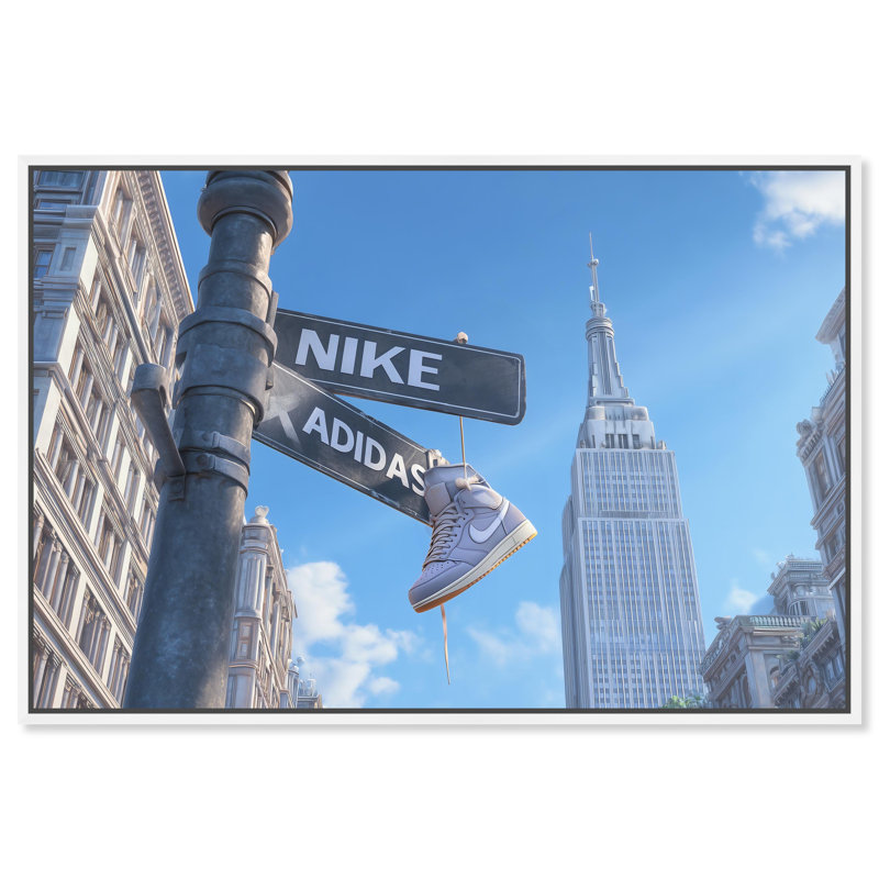 «Sneaker Hanging Crossroad», reproduction d'art sur toile encadrée par Art Remedy, cadre blanc, 30 x 20, H 21 po x l 31 po