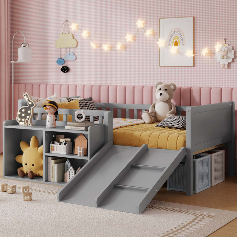 Lit mezzanine simple pour enfants avec glissade et rangement mobile, Grey