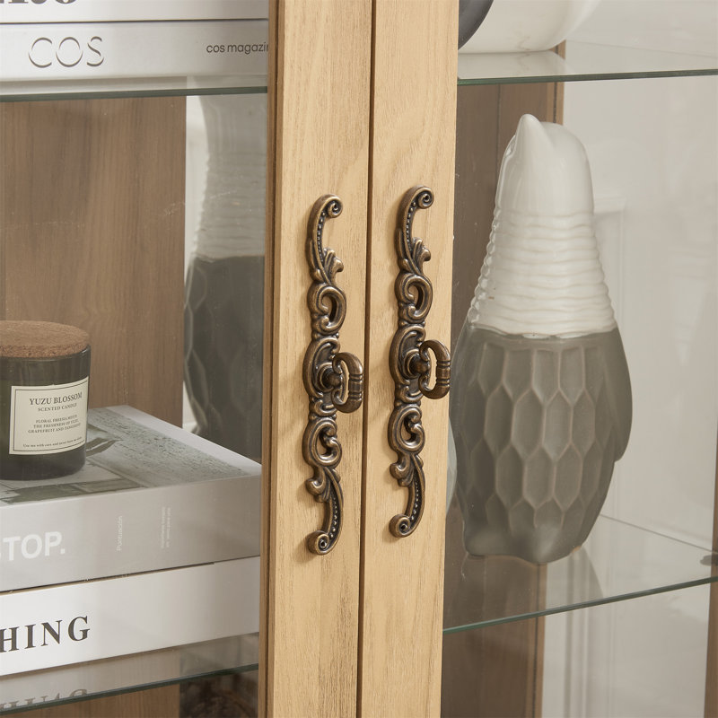 Armoire vitrée 2 portes avec portes en verre trempé avec panneau arrière en miroir et tablettes réglables, Chêne, No