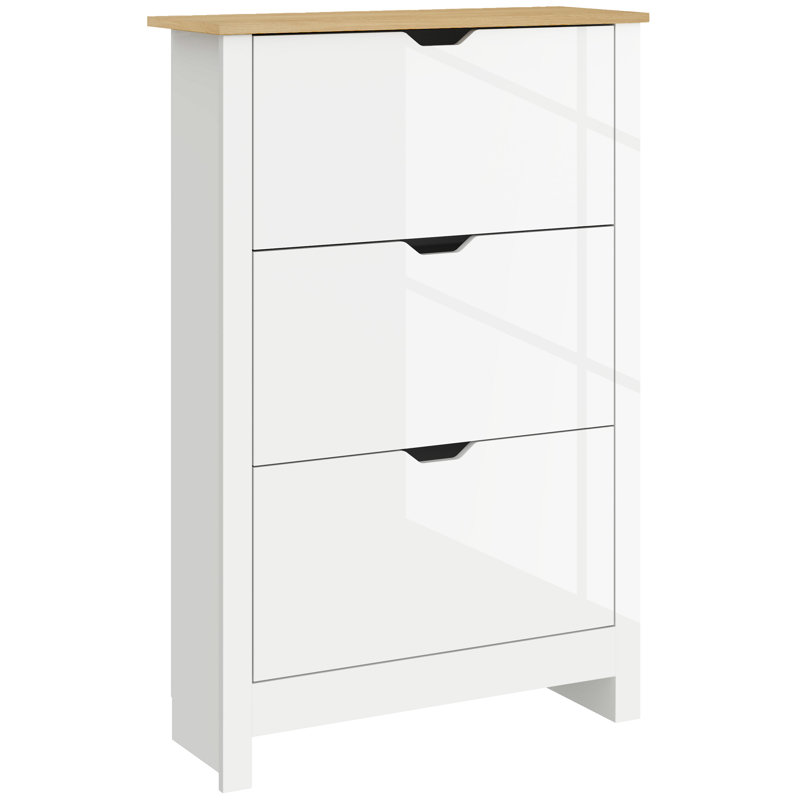 HOMCOM Shoe Cabinet Ultra Slim 3 Flip Drawers 9-18 Pairs, High Gloss White