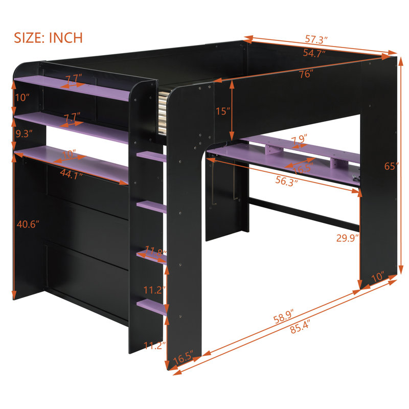 Lit mezzanine double avec bureau réglable éclairé, armoire ouverte et bibliothèque, Black/Purple
