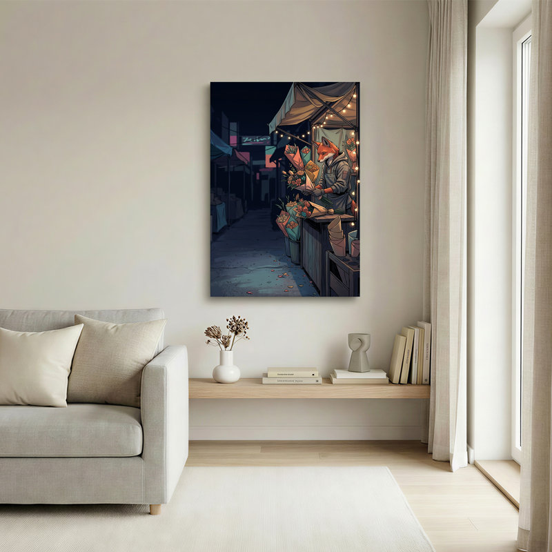 «Fox Vendor with Wrarap Flower Bouquets at Night Market», art mural sur toile, H 24 po x l 16 po