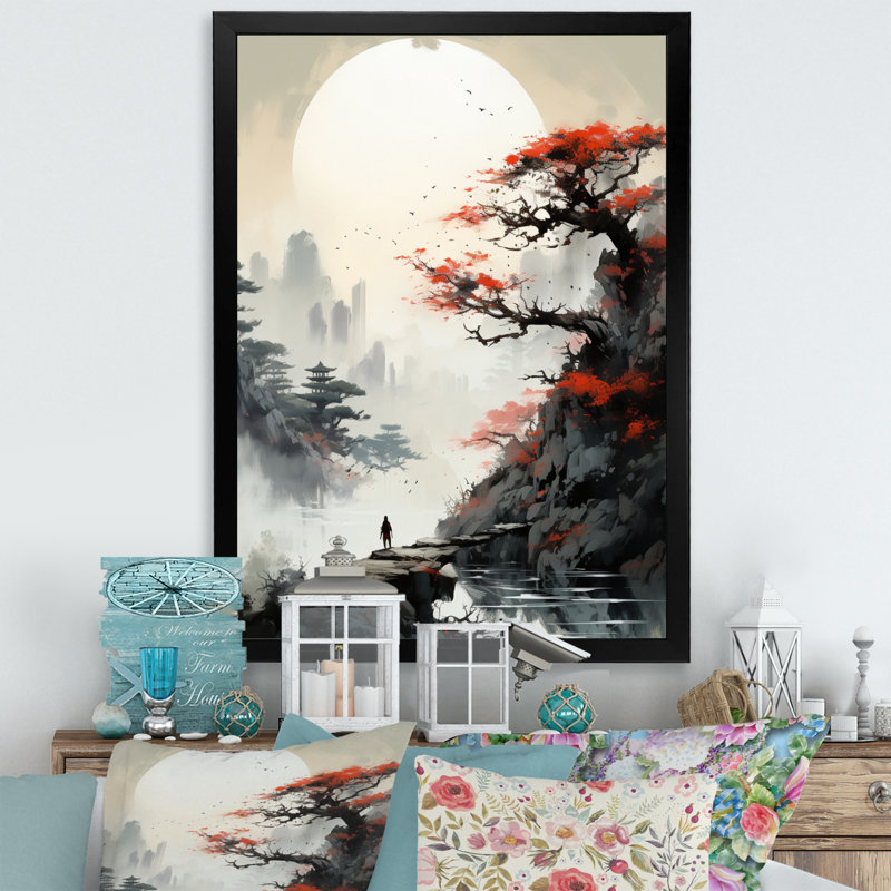«Asian Art Samurais Landscape III», reproduction d'art sur toile asiatique, H 44 po x l 34 po x P 1,5 po, Cadre simple noir