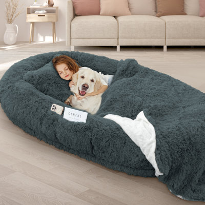 Grand lit pour chien de 71 po avec oreiller dodu, couverture, sangle - gris foncé