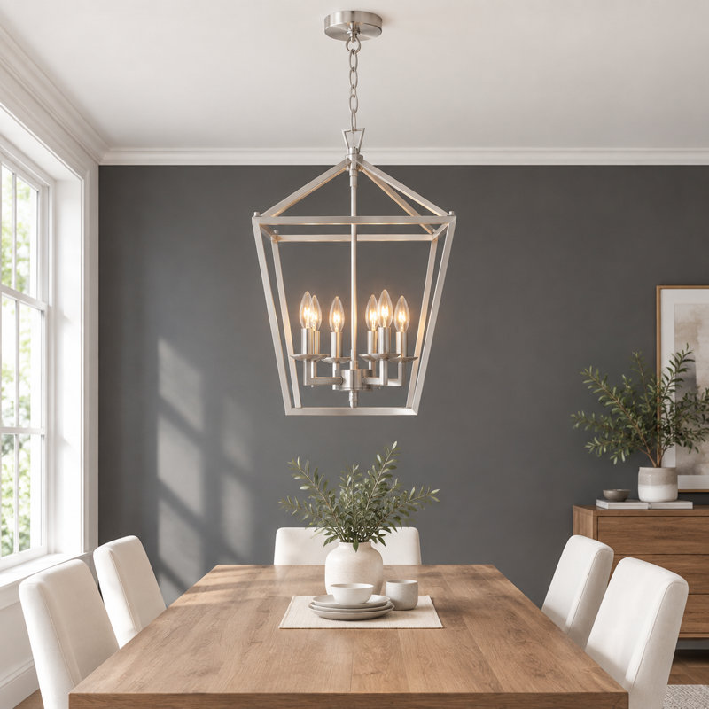Luminaire suspendu cage géométrique 6 lumières avec finition nickel brossé Demetrise