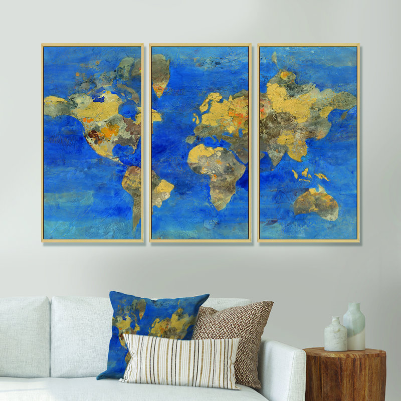Carte du monde Golden Glam - ensemble d'art mural sur toile traditionnel encadré de 3, H 28 po x l 36 po x P 1 po, Cadre brun