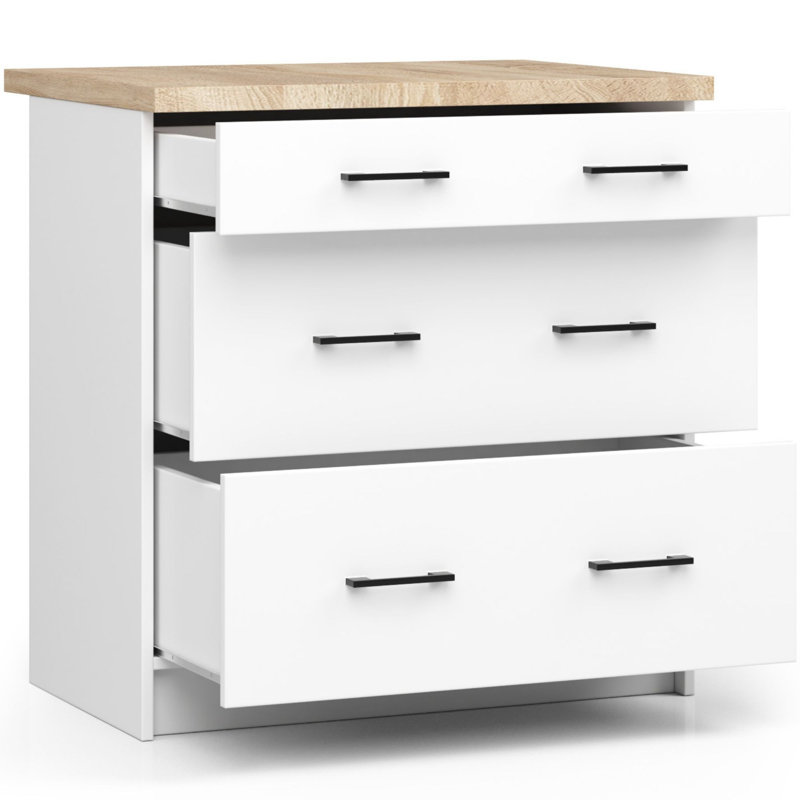 The kitchen base cabinet is white