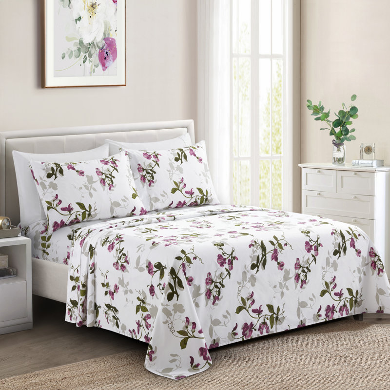 Queen Pink Floral Print Bamboo Polyester Deep Pocket Bedding Set