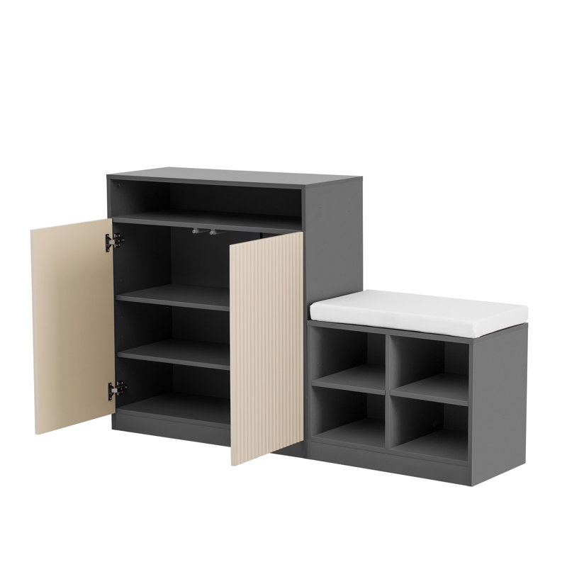 Entryway Bench Cabinet With Cushion And Adjustable Shelves, Shoe Bench Storage Console Table With Wavy Slatted Door And Hooks