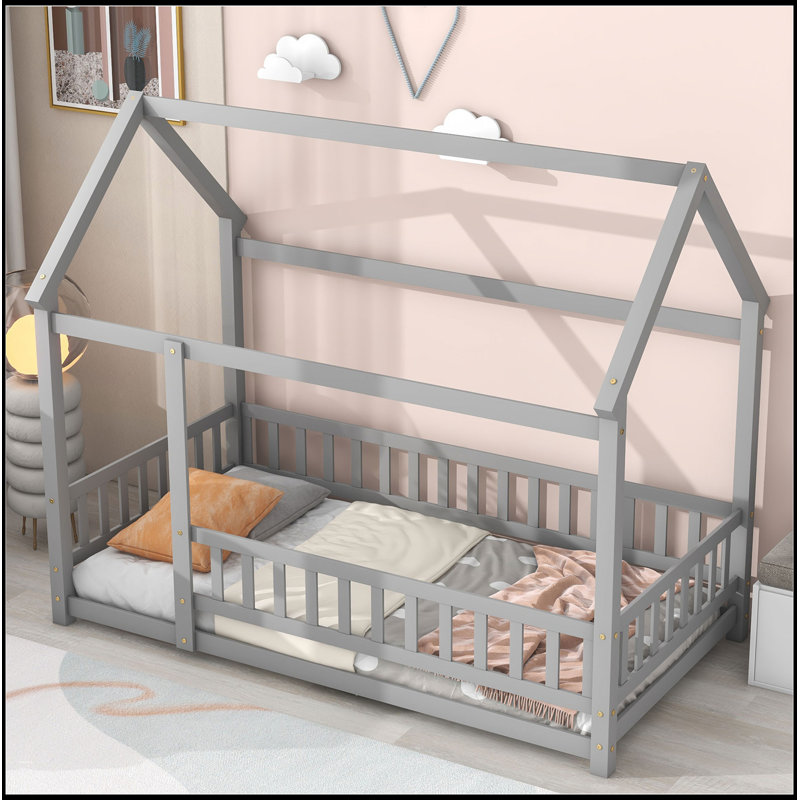 Twin Size Floor Wooden Bed With House Roof Frame, Fence Guardrails,Grey(Old SKU:W50471471), Twin