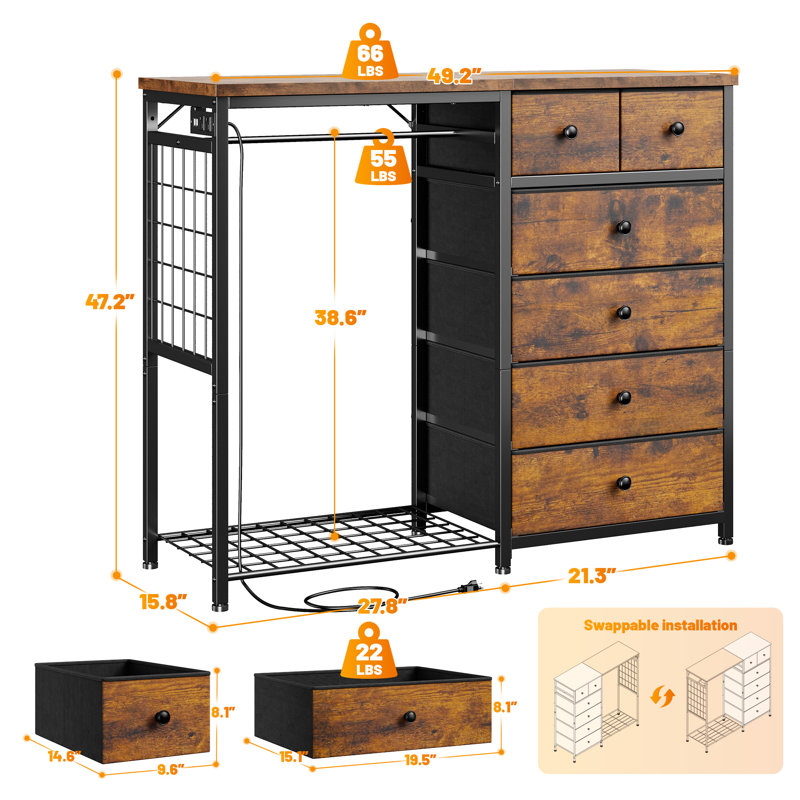 6-Drawer Dresser with Clothes Rack and Charging Station, Brown