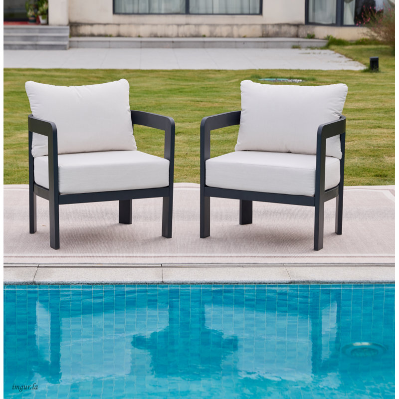 Ensemble de 2 chaises de patio modernes avec coussins de 6 po d'épaisseur, Coussin blanc / cadre noir