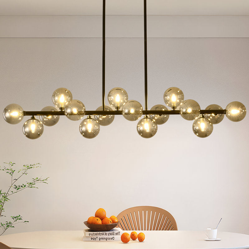 55In Black Linear Sputnik Chandelier With 16 Grey Globes, Adjustable Mid-Century Modern Pendant Light For Dining Room And Kitchen Island