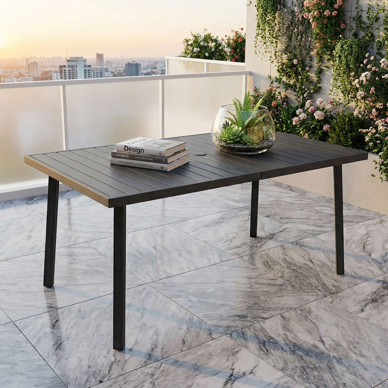 Table de salle à manger d'extérieur rectangulaire en aluminium 63 po avec trou pour parasol 63 po, Noir