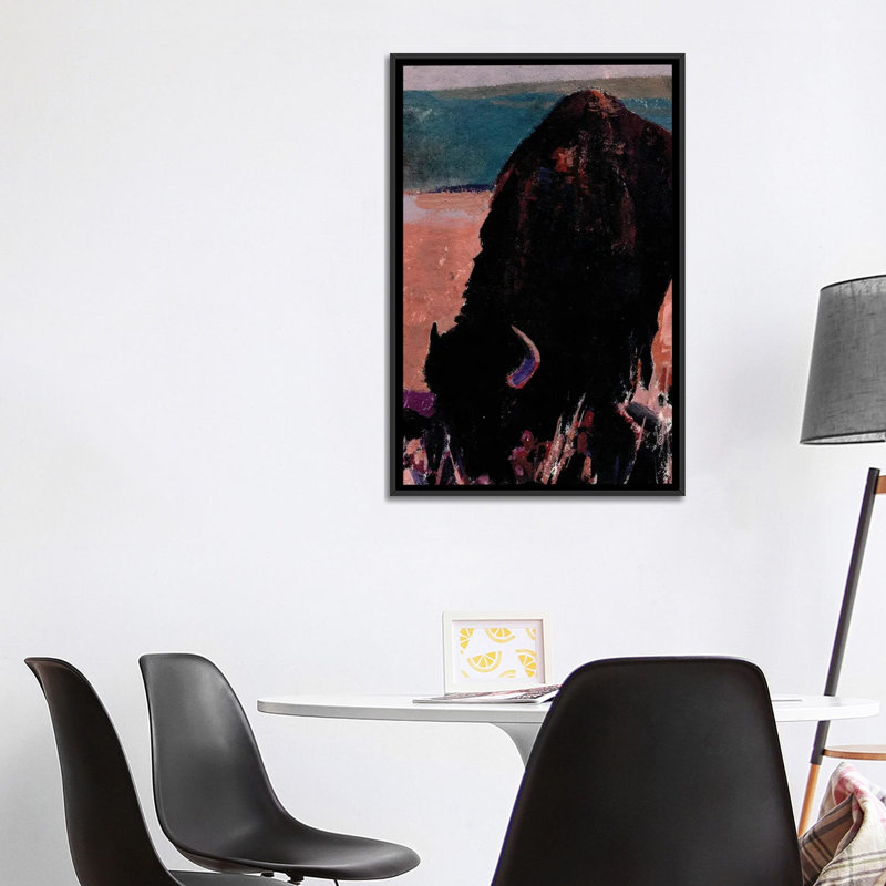 Lone bison - reproduction d'art murale - toile encadrée, 40" x 26", Toile avec cadre, Black