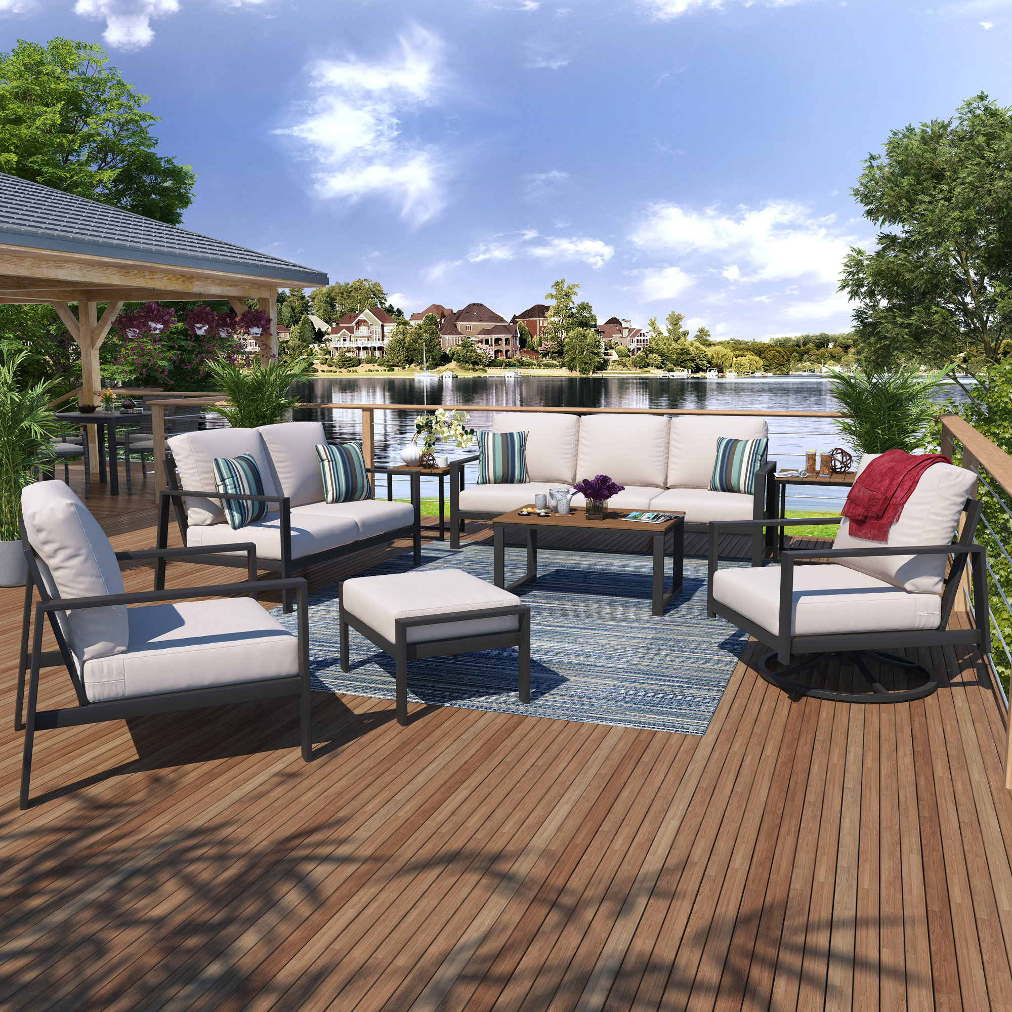 Townsend 7 Piece Sofa Seating Group with Sunbrella Cushions, Mahogany, Sunbrella Canvas Natural