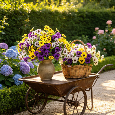 15 pièces de fleurs de pensée artificielles pour l'extérieur - Fausse soie vivace avec tiges d'eucalyptus, décoration printanière résistante aux rayons UV pour porche, jardinière, jardinière et patio - mélange de mauve, jaune et blanc
