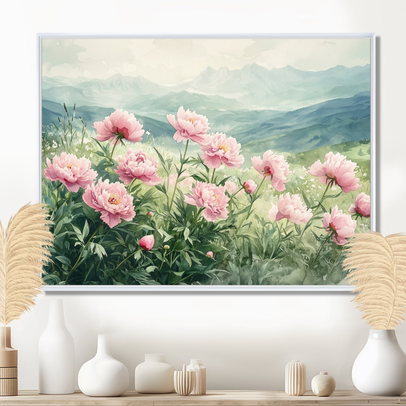 Ginamarie pivoines dans les hautes prairies II - pivoines, art mural pour le salon, H 16 po x l 32 po, Blanc