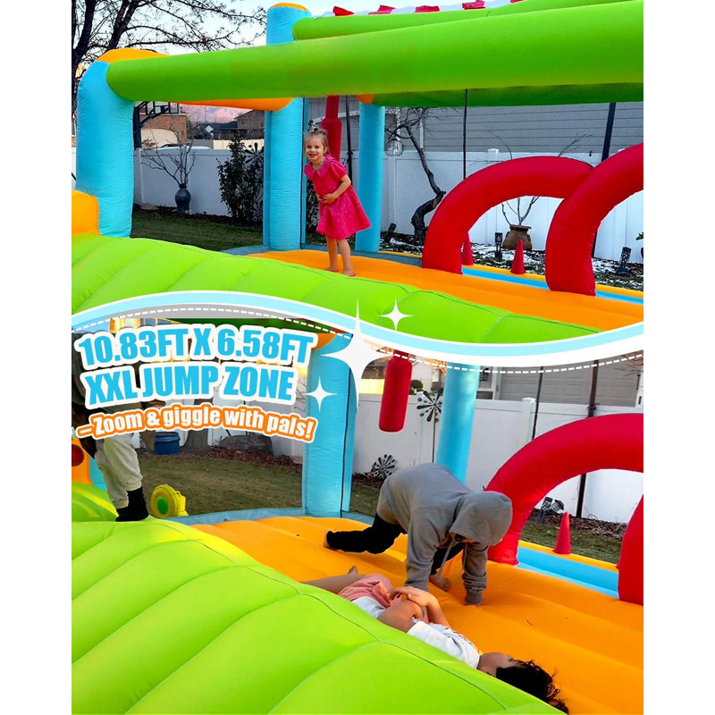 Grand château gonflable pour grands enfants 8-12, parcours gonflable d'obstacles pour enfants 3-6 x 16,5 pi avec glissade XXL, zone de saut, piscine d'eau, barres à obstacles, lancer d'anneaux, souffleur de 750 W, château gonflable extérieur pouvant accueillir 6 enfants