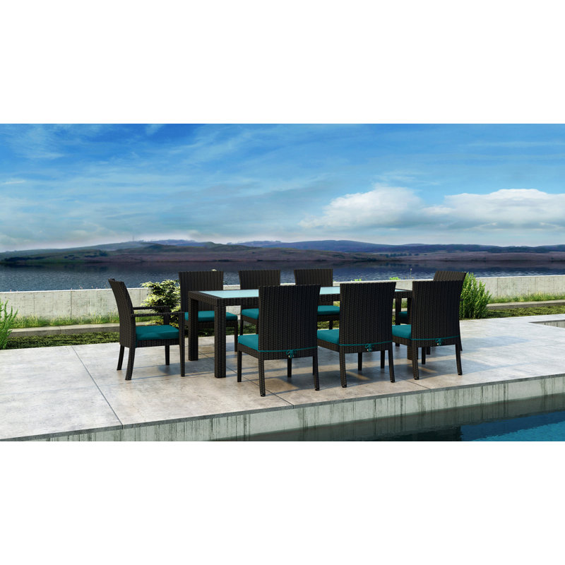 Thornaby 8 - Person Wood Patio Dining Set with Rectangular Table, Spectrum Peacock Sunbrella® Plainweave