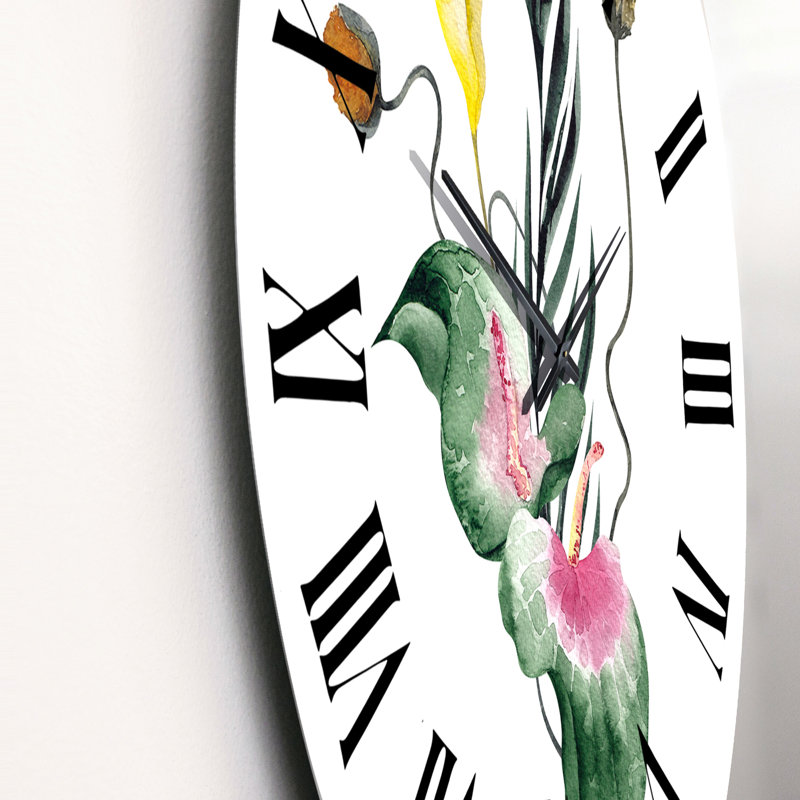 Bouquet de fleurs jaunes minimalistes, feuilles - horloge murale traditionnelle, Moyen