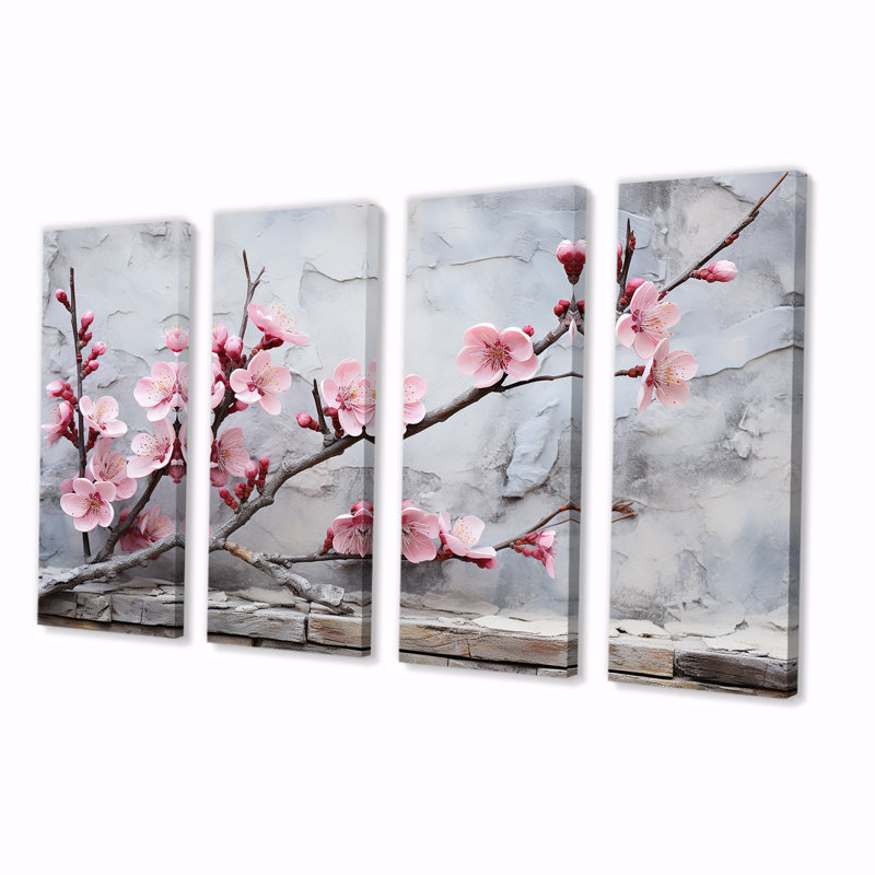 «Pink Cherry Blossom End Of Winter Blooms I», art mural 4 pièces, H 28 po x l 48 po