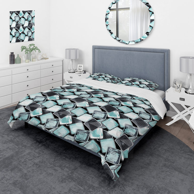 Carrés de graffiti turquoise et gris - Ensemble de housse de couette moderne - Microfibre de polyester