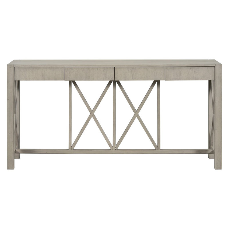 Console en placage d'acacia de 60 pouces avec 4 tiroirs spacieux, table d'entrée moderne de conception entrecroisée avec rangement inférieur ouvert pour le salon, la cuisine, la salle à manger et le couloir