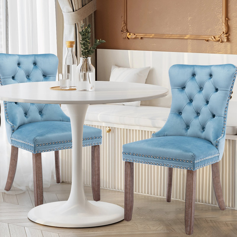 Chaise de salle à manger en velours avec anneau à dossier et pieds en bois massif, 2, Bleu ciel, Marron clair