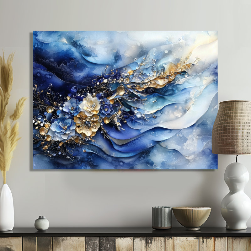 Abstrait bleu doré brise de mer - art mural côtier, H 16 po x l 32 po, Toile tendue, Ne s’applique pas