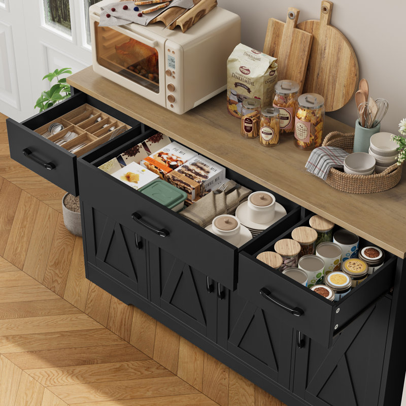 Buffet 55,1 po à 3 tiroirs et tablettes réglables Adra, Brun / Noir