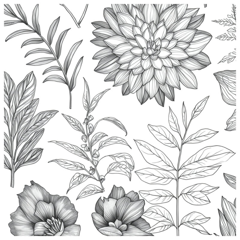 Couvertures noir et blanc avec illustration botanique, L 50 po x H 60 po