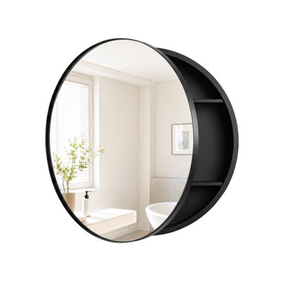 Armoire à pharmacie murale ronde de 50 cm avec miroir, cadre en métal noir, rangement intégré, verre incassable de 3 mm et étagères intérieures réglables.